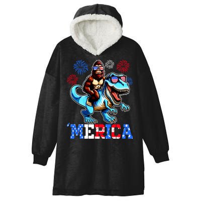 Bigfoot Riding Trex 4th Of July Merica Hooded Wearable Blanket