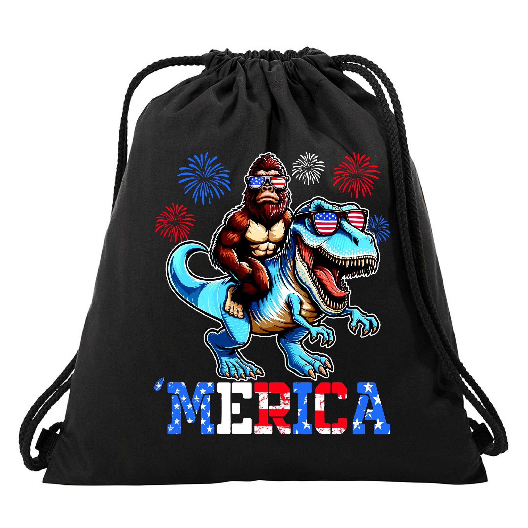 Bigfoot Riding Trex 4th Of July Merica Drawstring Bag