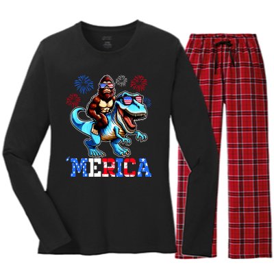 Bigfoot Riding Trex 4th Of July Merica Women's Long Sleeve Flannel Pajama Set 