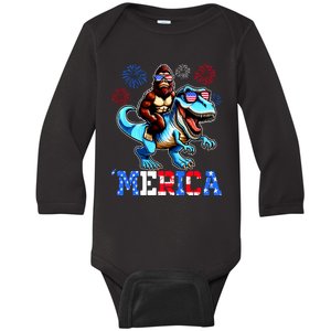 Bigfoot Riding Trex 4th Of July Merica Baby Long Sleeve Bodysuit