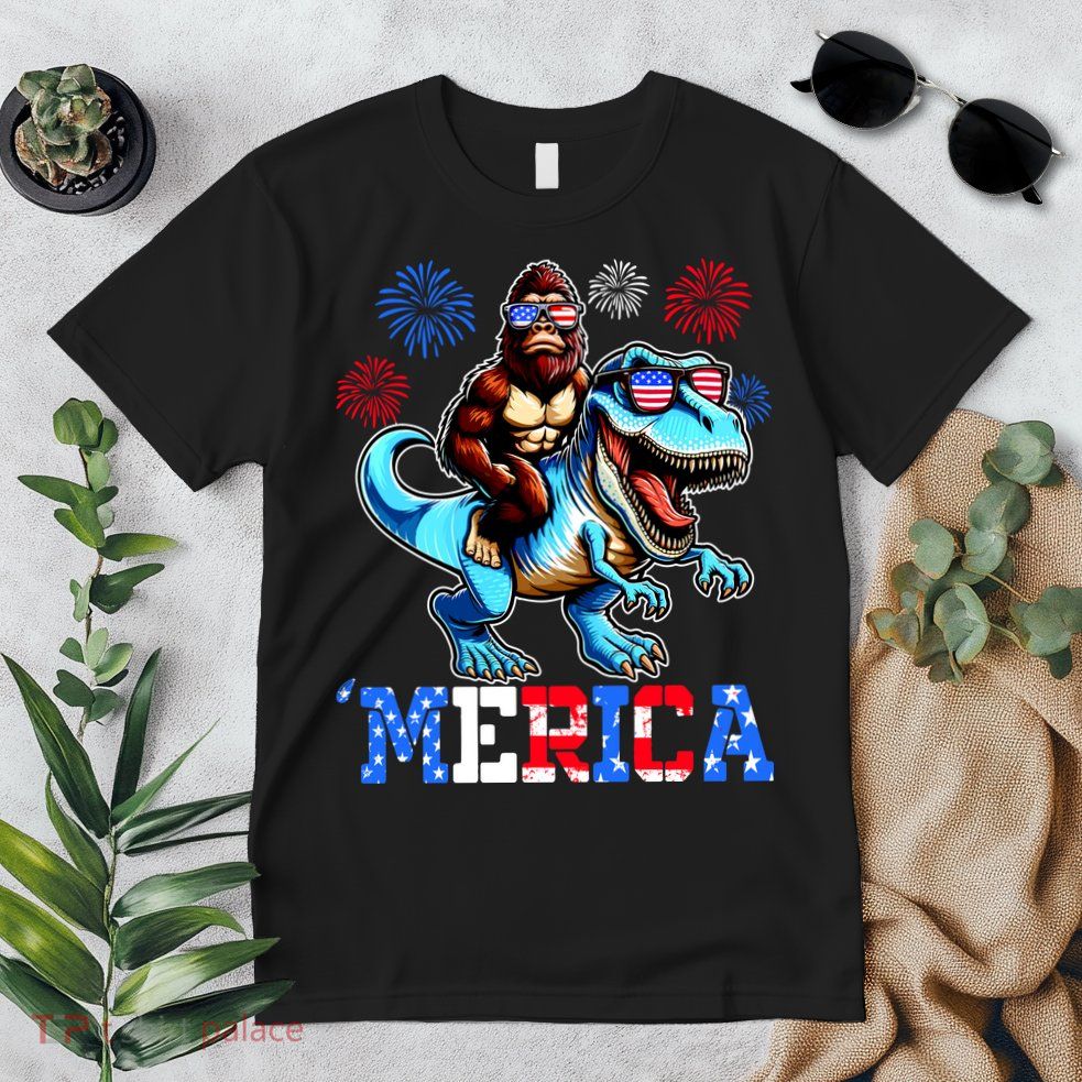 Bigfoot Riding Trex 4th Of July Merica Premium T-Shirt
