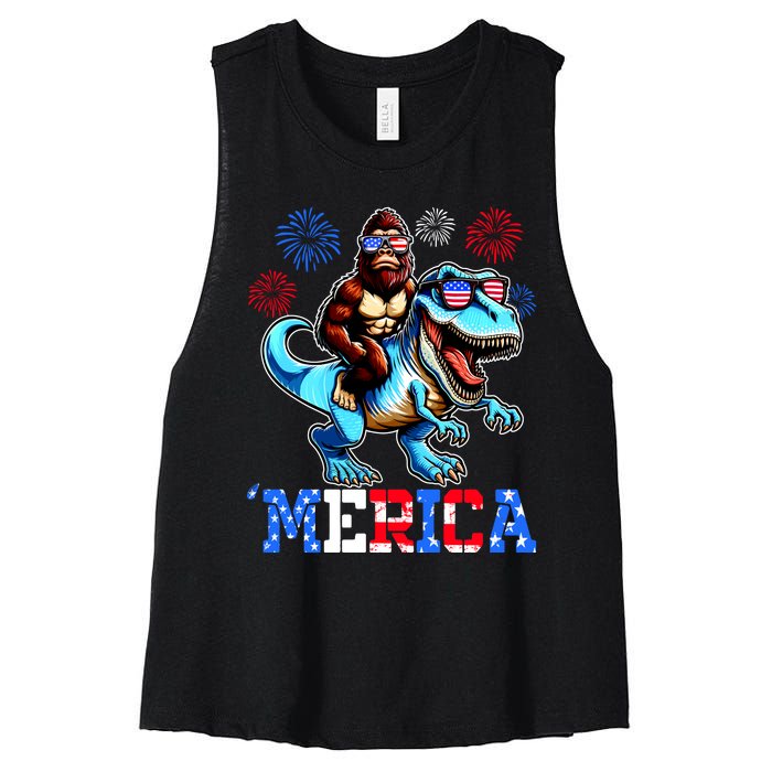 Bigfoot Riding Trex 4th Of July Merica Women's Racerback Cropped Tank