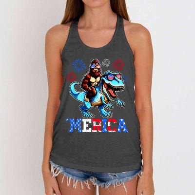 Bigfoot Riding Trex 4th Of July Merica Women's Knotted Racerback Tank