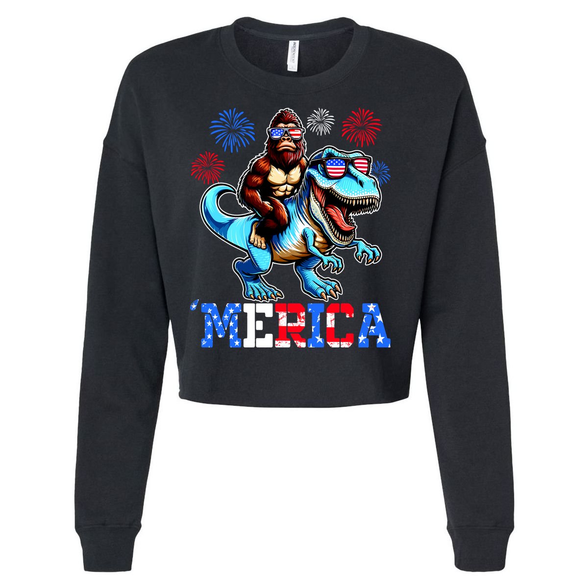Bigfoot Riding Trex 4th Of July Merica Cropped Pullover Crew