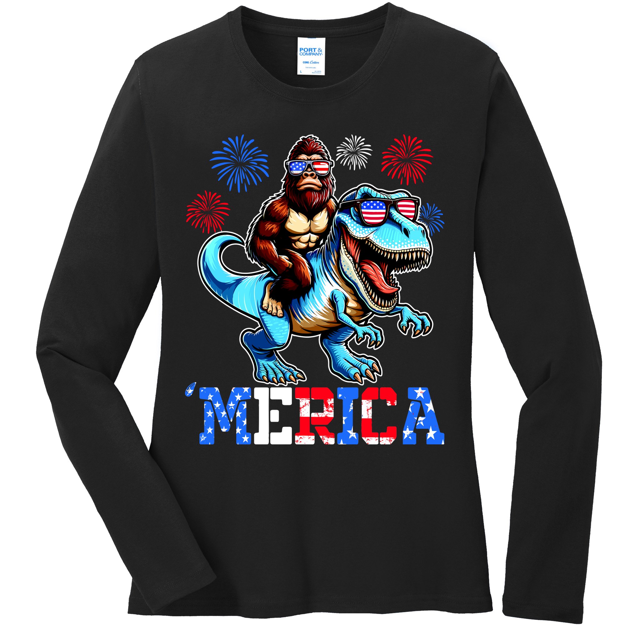 Bigfoot Riding Trex 4th Of July Merica Ladies Long Sleeve Shirt