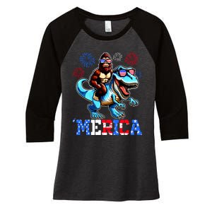 Bigfoot Riding Trex 4th Of July Merica Women's Tri-Blend 3/4-Sleeve Raglan Shirt