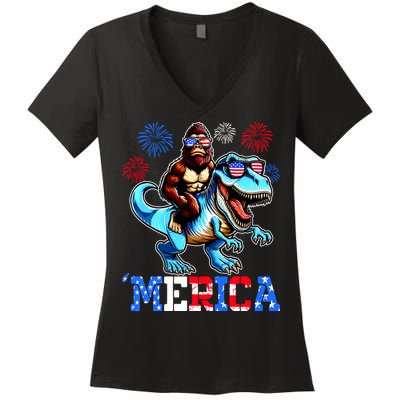 Bigfoot Riding Trex 4th Of July Merica Women's V-Neck T-Shirt