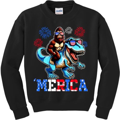Bigfoot Riding Trex 4th Of July Merica Kids Sweatshirt