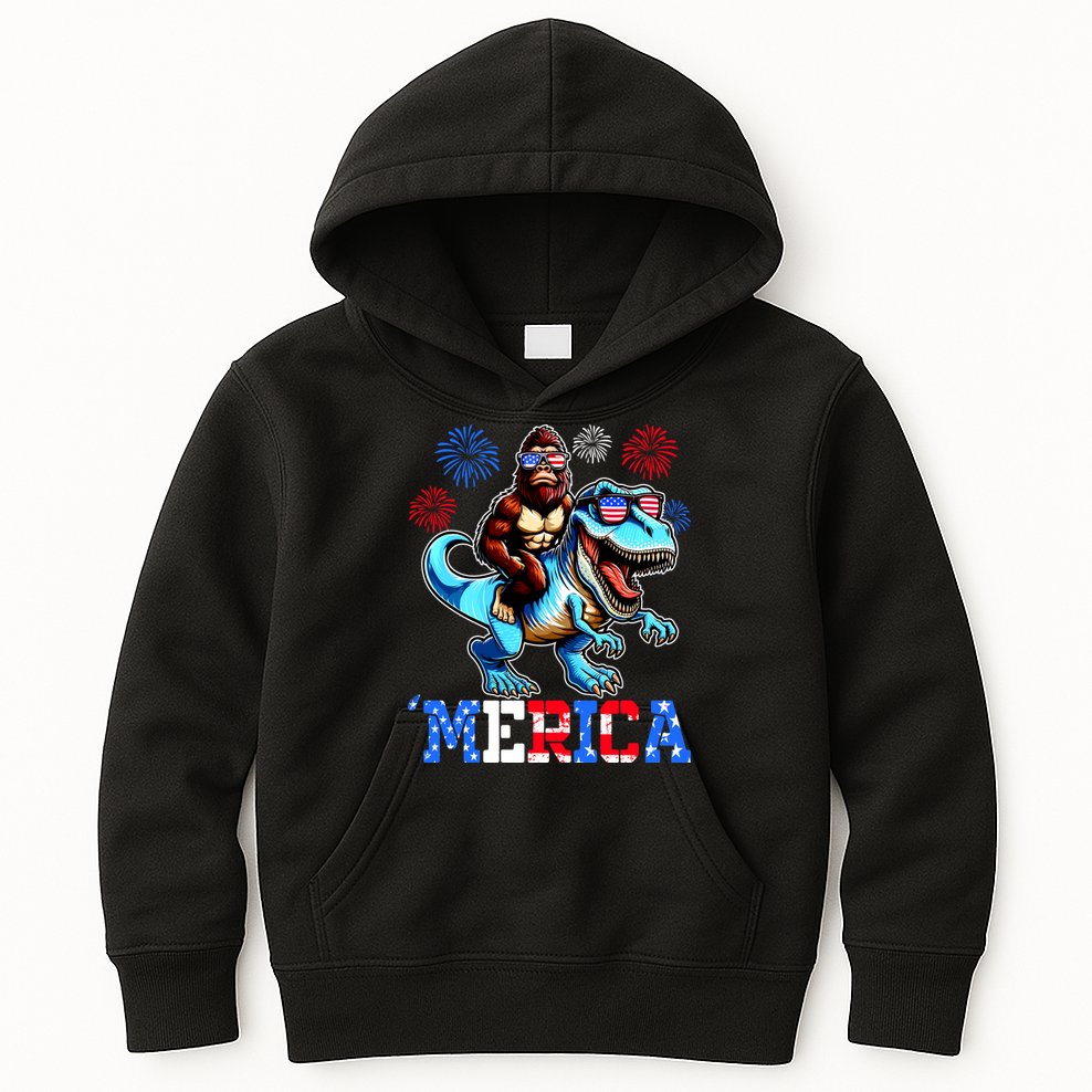 Bigfoot Riding Trex 4th Of July Merica Kids Hoodie