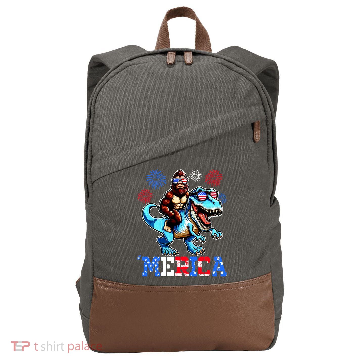 Bigfoot Riding Trex 4th Of July Merica Cotton Canvas Backpack