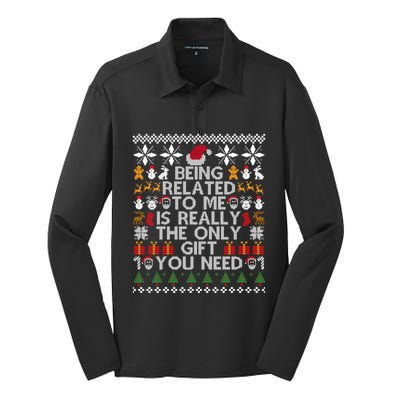 Being Related To Me Funny Christmas Family Xmas Ugly Pajamas Gift Silk Touch Performance Long Sleeve Polo