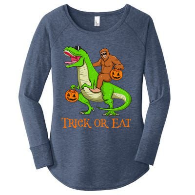 Bigfoot Riding T Rex Dinosaur Halloween Trick Or Eat Pun Cute Women's Perfect Tri Tunic Long Sleeve Shirt