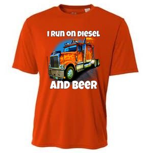 Big Rig Trucker I Run On Diesel And Beer Semi Truck Driver Gift Cooling Performance Crew T-Shirt