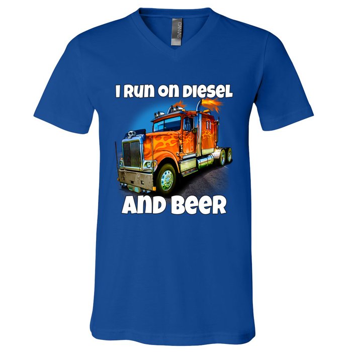 Big Rig Trucker I Run On Diesel And Beer Semi Truck Driver Gift V-Neck T-Shirt