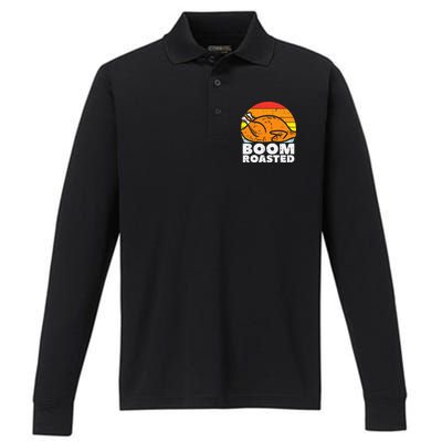 Boom Roasted Turkey Sunset Retro Thanksgiving Performance Long Sleeve Polo