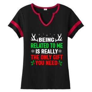 Being Related To Me Funny Christmas Family Ladies Halftime Notch Neck Tee