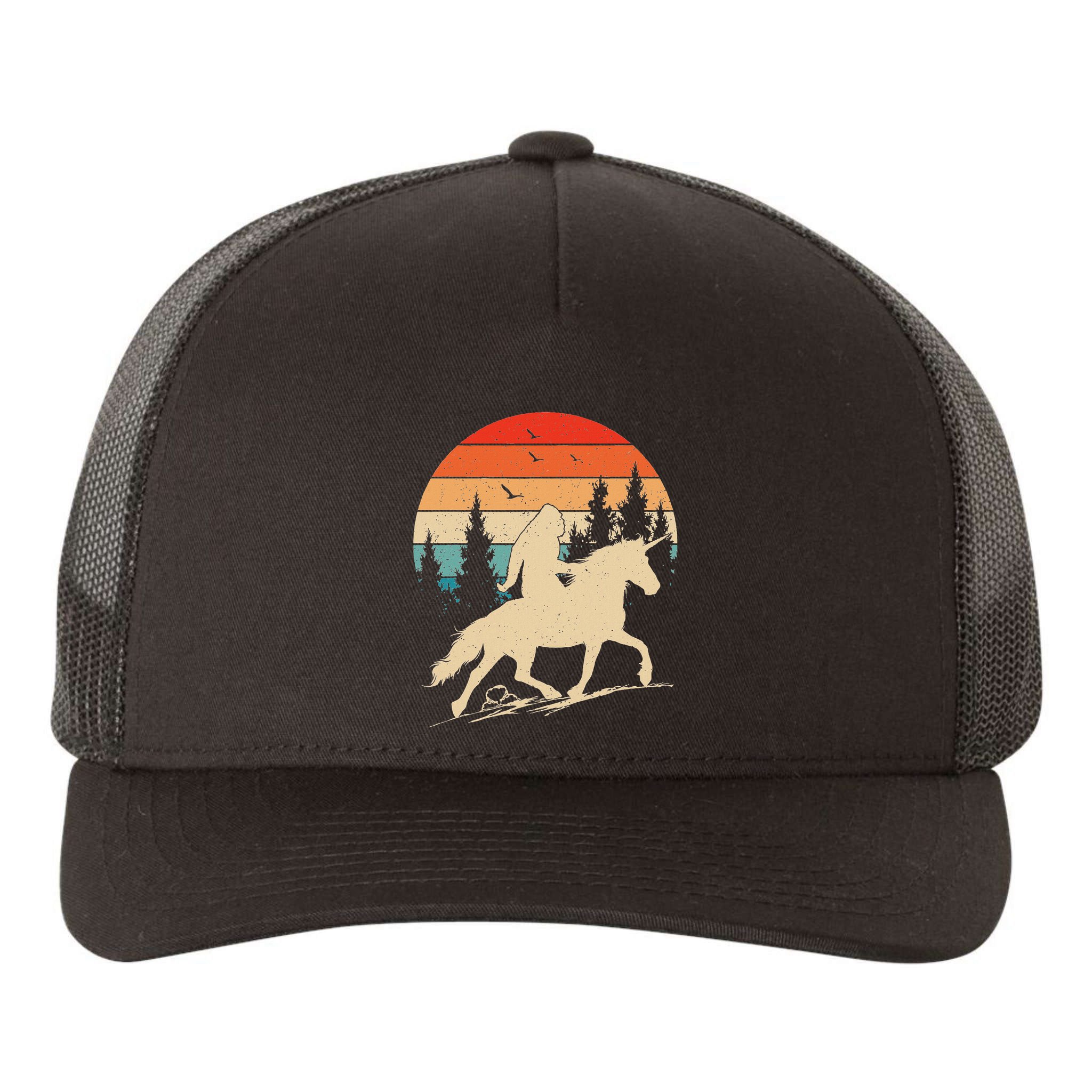 Bigfoot Riding Unicorn! Funny Sasquatch Unicorn Retro Sunset Yupoong Adult 5-Panel Trucker Hat