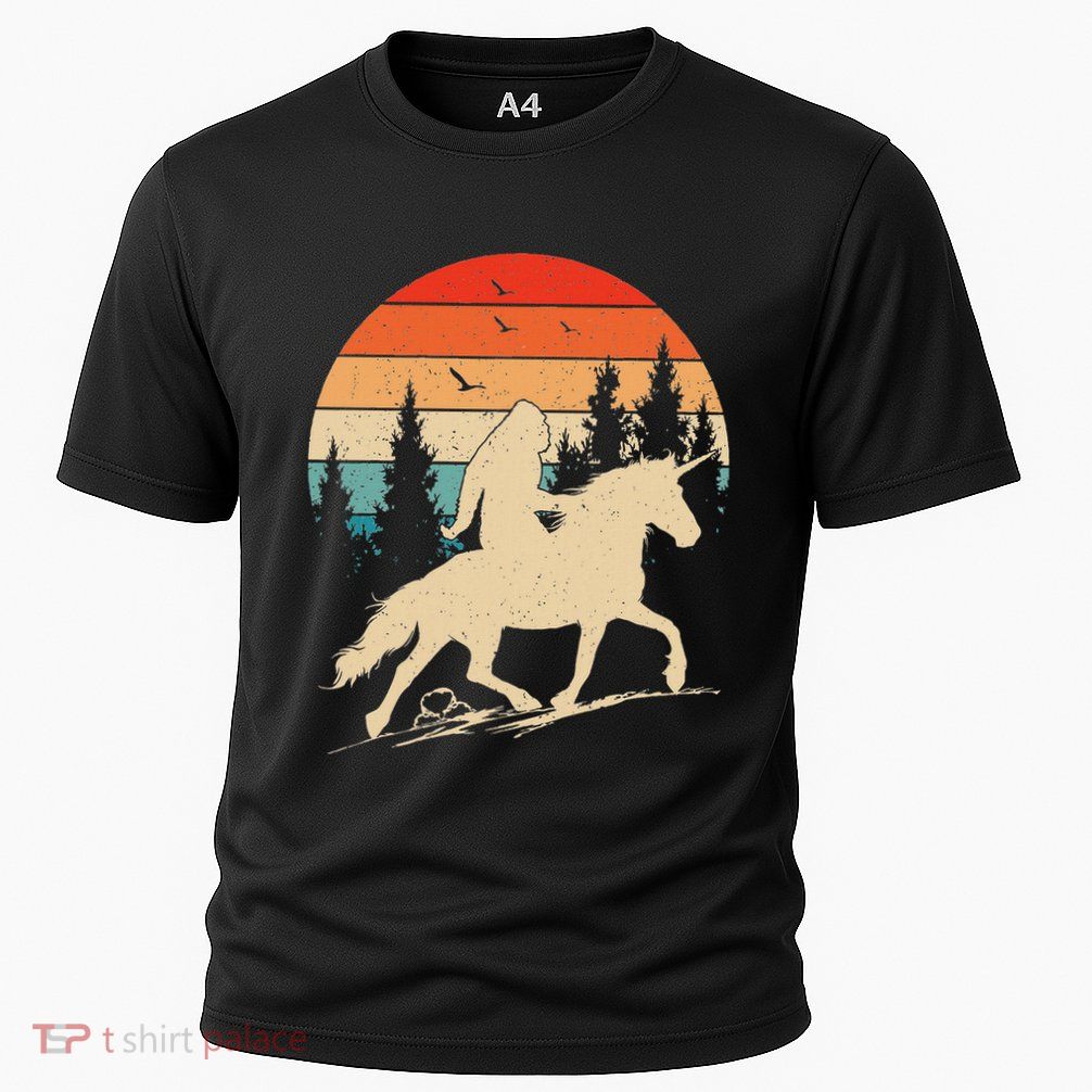 Bigfoot Riding Unicorn! Funny Sasquatch Unicorn Retro Sunset Performance Shirt