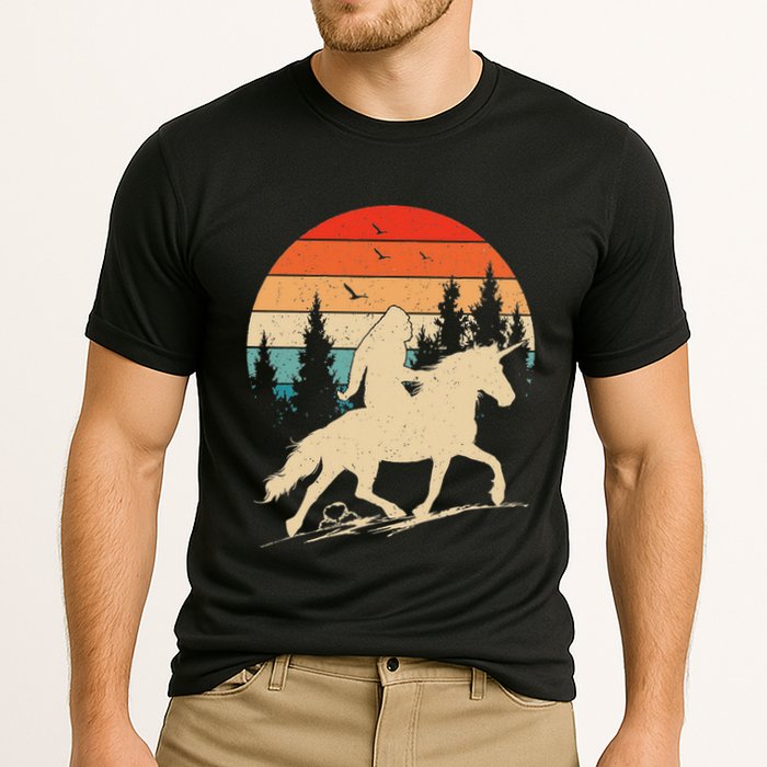 Bigfoot Riding Unicorn! Funny Sasquatch Unicorn Retro Sunset Performance Shirt