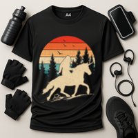 Bigfoot Riding Unicorn! Funny Sasquatch Unicorn Retro Sunset Performance Shirt