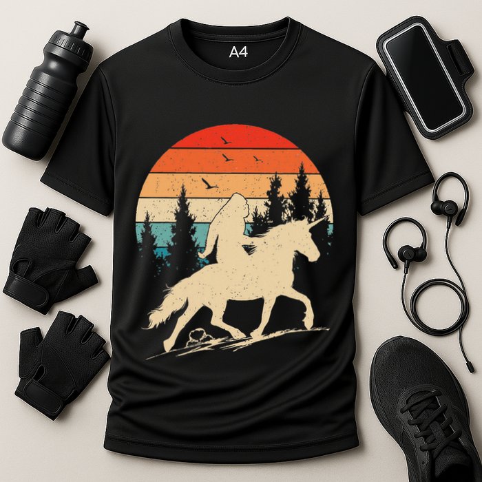 Bigfoot Riding Unicorn! Funny Sasquatch Unicorn Retro Sunset Performance Shirt