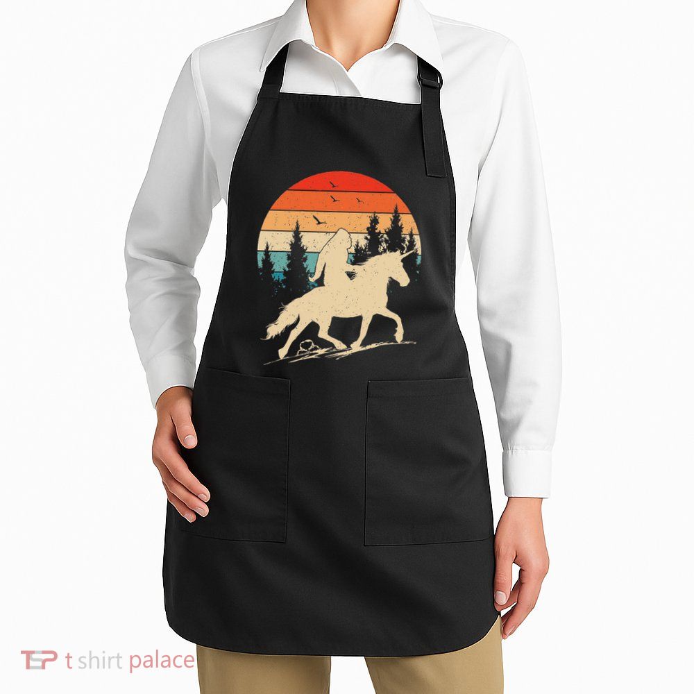 Bigfoot Riding Unicorn! Funny Sasquatch Unicorn Retro Sunset Apron