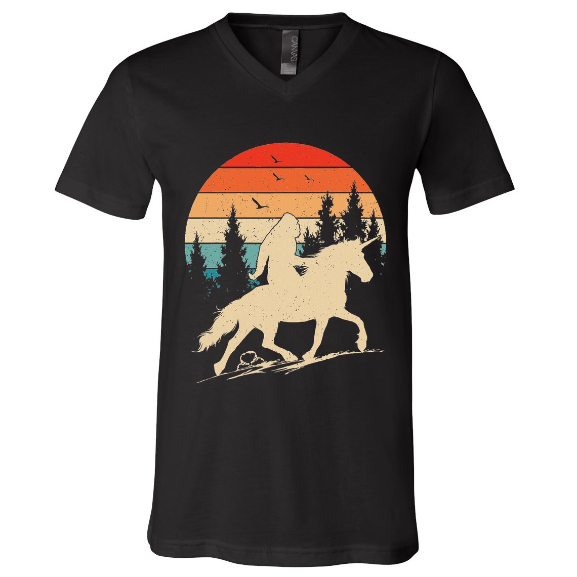 Bigfoot Riding Unicorn! Funny Sasquatch Unicorn Retro Sunset V-Neck T-Shirt