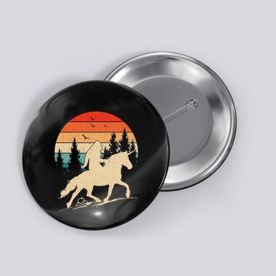 Bigfoot Riding Unicorn! Funny Sasquatch Unicorn Retro Sunset Button