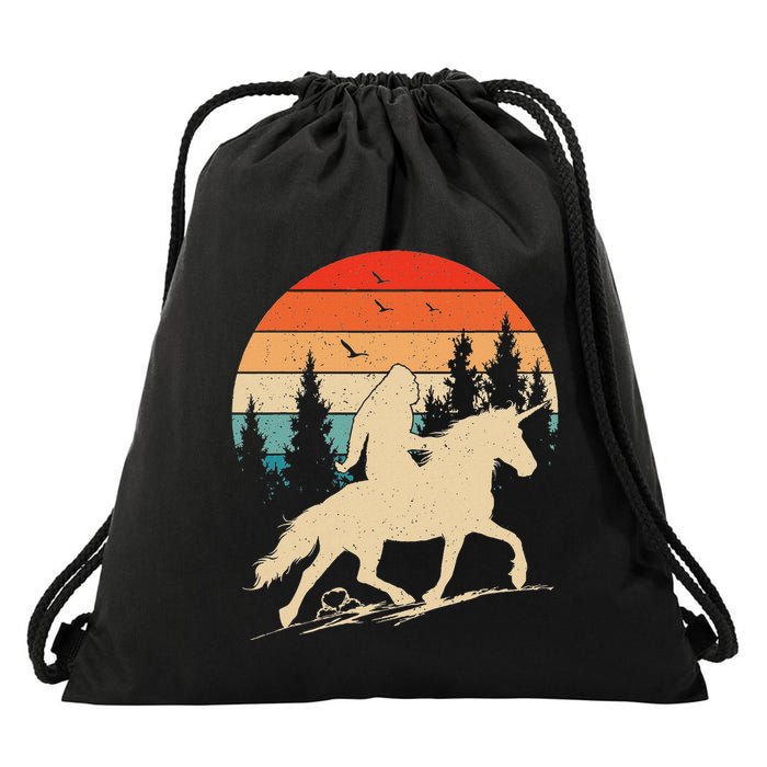 Bigfoot Riding Unicorn! Funny Sasquatch Unicorn Retro Sunset Drawstring Bag