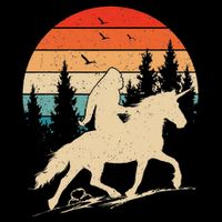 Bigfoot Riding Unicorn! Funny Sasquatch Unicorn Retro Sunset Drawstring Bag