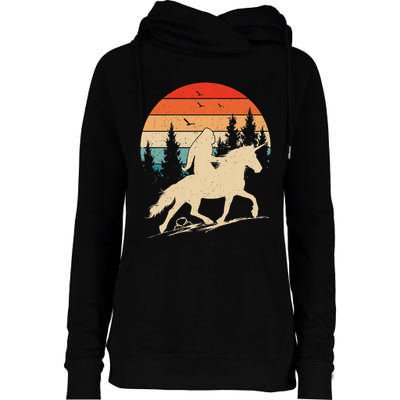 Bigfoot Riding Unicorn! Funny Sasquatch Unicorn Retro Sunset Womens Funnel Neck Pullover Hood