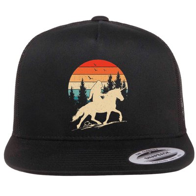 Bigfoot Riding Unicorn! Funny Sasquatch Unicorn Retro Sunset Flatbill Hat