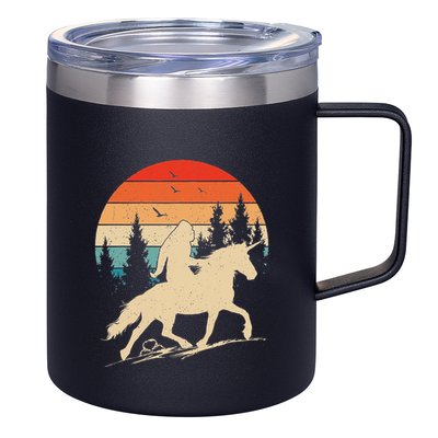 Bigfoot Riding Unicorn! Funny Sasquatch Unicorn Retro Sunset 12oz Stainless Steel Coffee Mug
