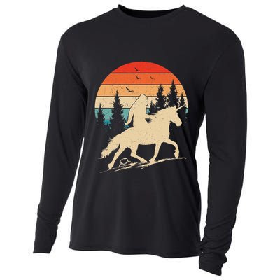 Bigfoot Riding Unicorn! Funny Sasquatch Unicorn Retro Sunset Cooling Performance Long Sleeve Crew