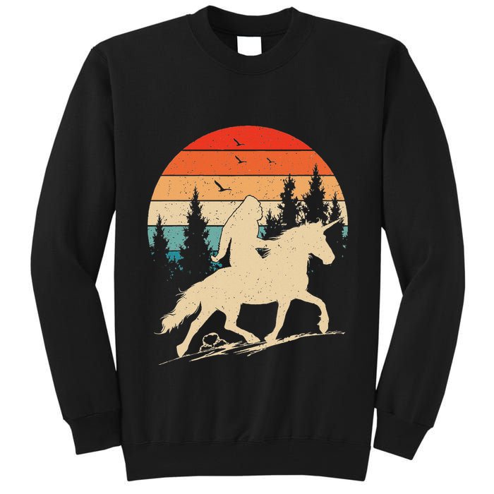 Bigfoot Riding Unicorn! Funny Sasquatch Unicorn Retro Sunset Tall Sweatshirt