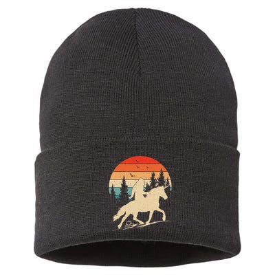 Bigfoot Riding Unicorn! Funny Sasquatch Unicorn Retro Sunset Sustainable Knit Beanie