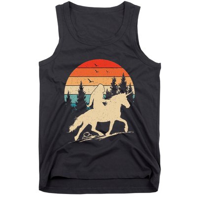 Bigfoot Riding Unicorn! Funny Sasquatch Unicorn Retro Sunset Tank Top