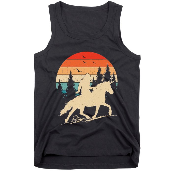 Bigfoot Riding Unicorn! Funny Sasquatch Unicorn Retro Sunset Tank Top