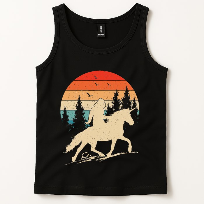 Bigfoot Riding Unicorn! Funny Sasquatch Unicorn Retro Sunset Tank Top