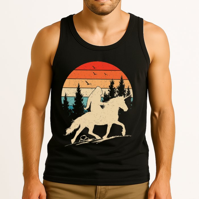Bigfoot Riding Unicorn! Funny Sasquatch Unicorn Retro Sunset Tank Top