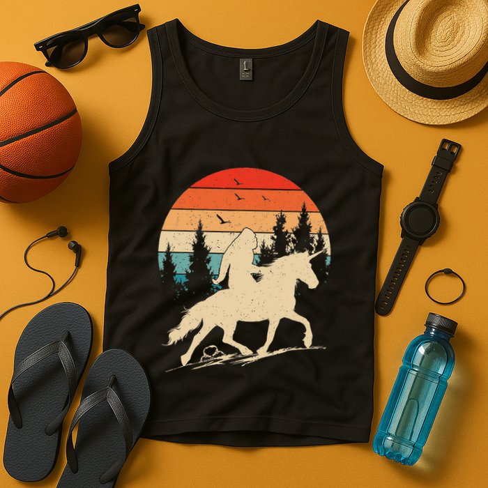 Bigfoot Riding Unicorn! Funny Sasquatch Unicorn Retro Sunset Tank Top