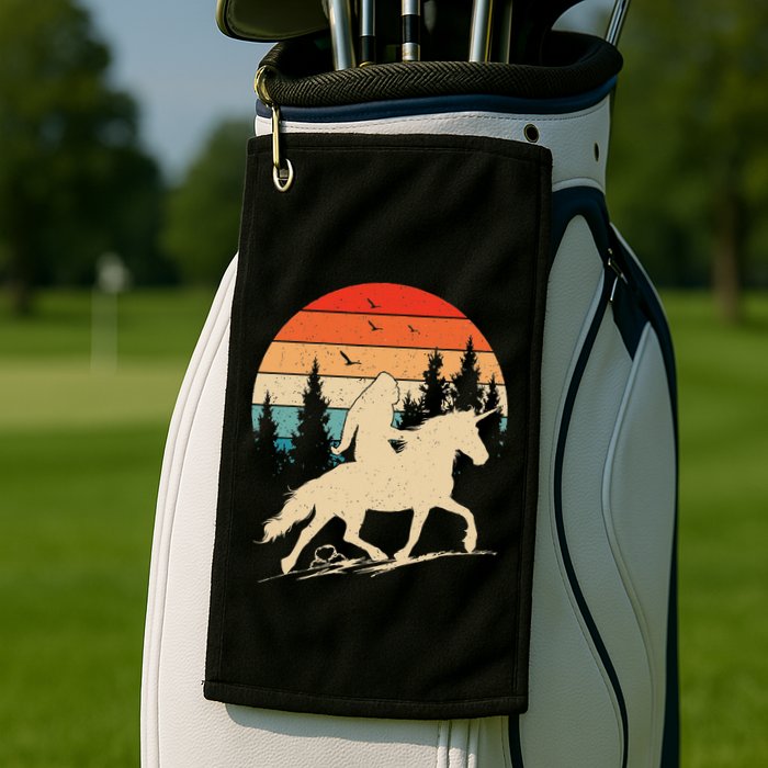 Bigfoot Riding Unicorn! Funny Sasquatch Unicorn Retro Sunset Golf Towel