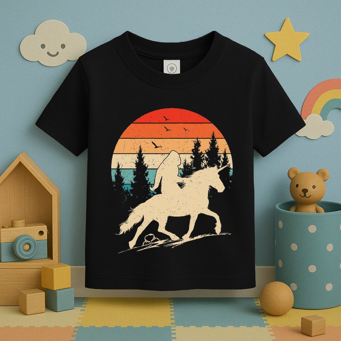 Bigfoot Riding Unicorn! Funny Sasquatch Unicorn Retro Sunset Toddler T-Shirt