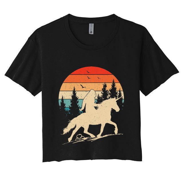 Bigfoot Riding Unicorn! Funny Sasquatch Unicorn Retro Sunset Crop Top