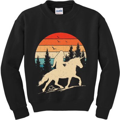 Bigfoot Riding Unicorn! Funny Sasquatch Unicorn Retro Sunset Kids Sweatshirt