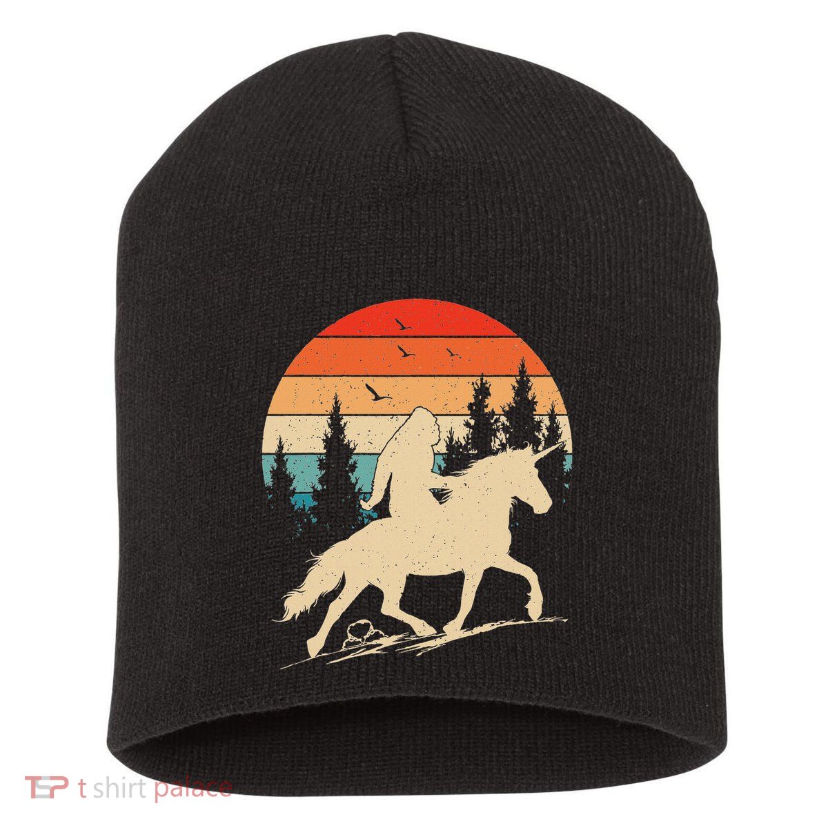 Bigfoot Riding Unicorn! Funny Sasquatch Unicorn Retro Sunset Short Acrylic Beanie