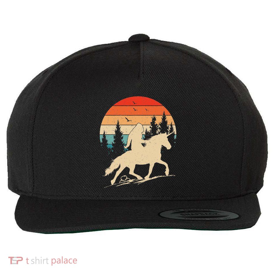 Bigfoot Riding Unicorn! Funny Sasquatch Unicorn Retro Sunset Wool Snapback Cap