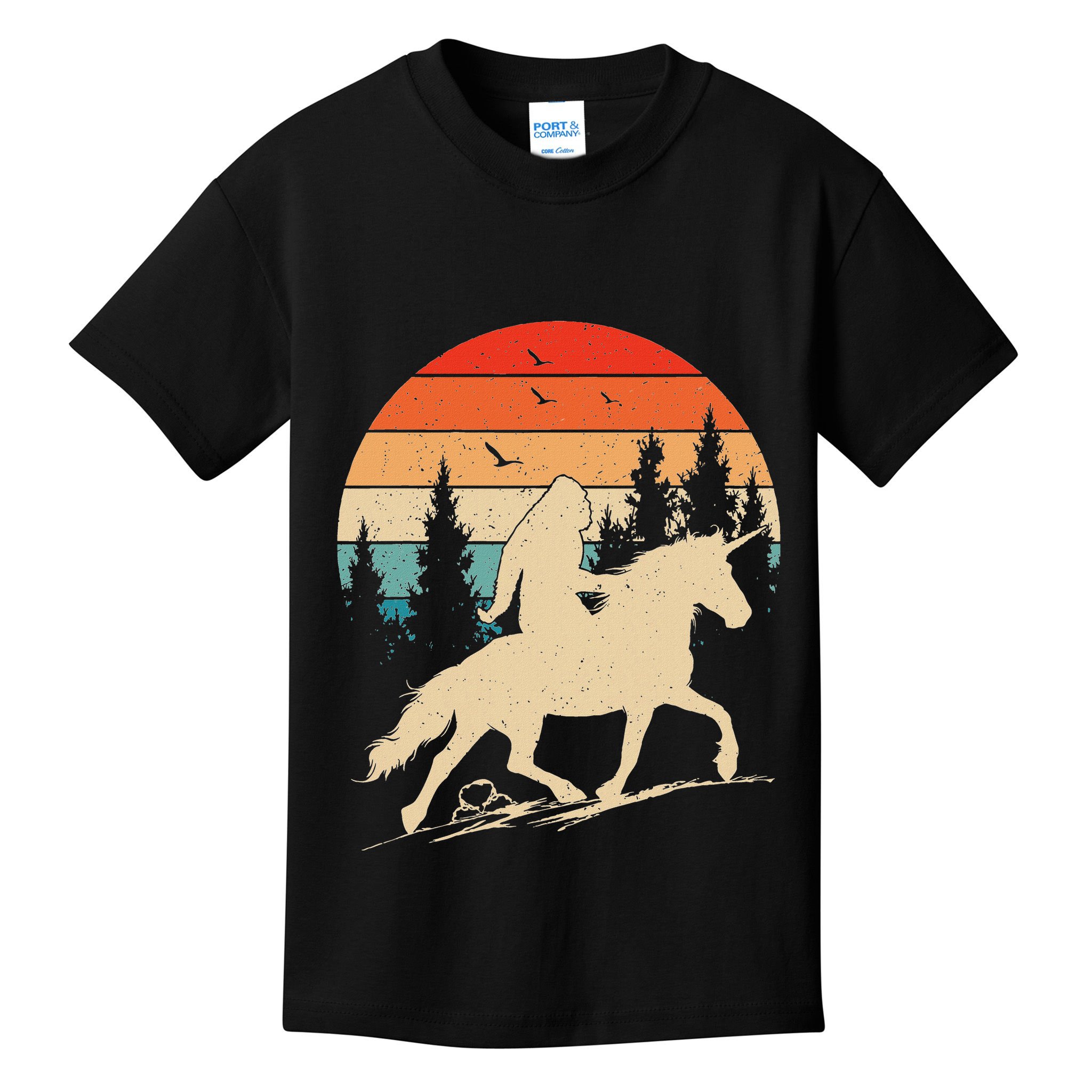 Bigfoot Riding Unicorn! Funny Sasquatch Unicorn Retro Sunset Kids T-Shirt