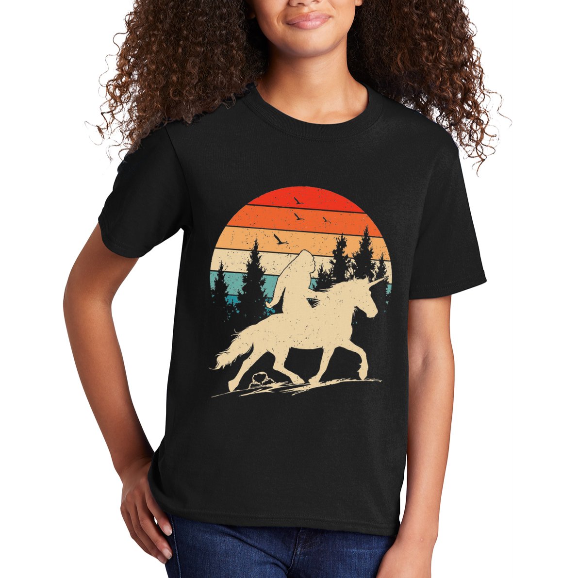 Bigfoot Riding Unicorn! Funny Sasquatch Unicorn Retro Sunset Kids T-Shirt