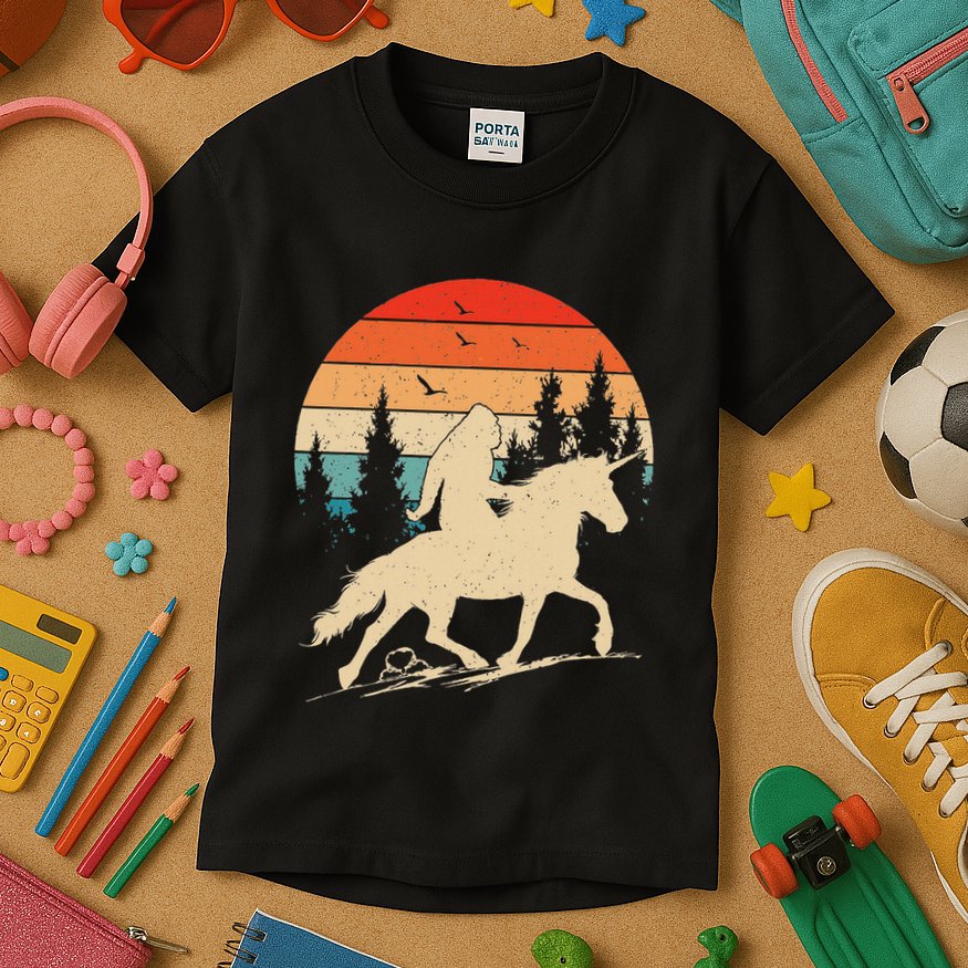 Bigfoot Riding Unicorn! Funny Sasquatch Unicorn Retro Sunset Kids T-Shirt